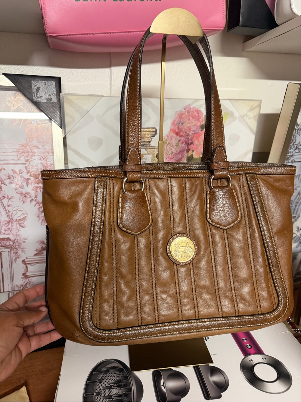 Celine Brown Leather Quilted Vertical-Panel Tote
